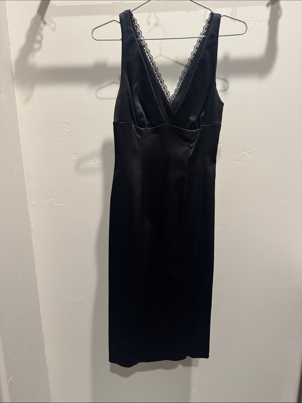 bebe Black Satin Slip Dress with Lace Trim